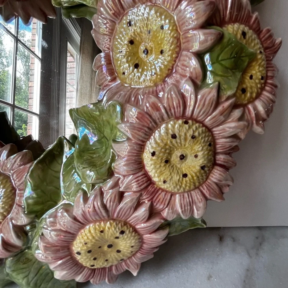 Floral Sunflower Wall Mirror - Pink and Green majolica ceramic artist mirror